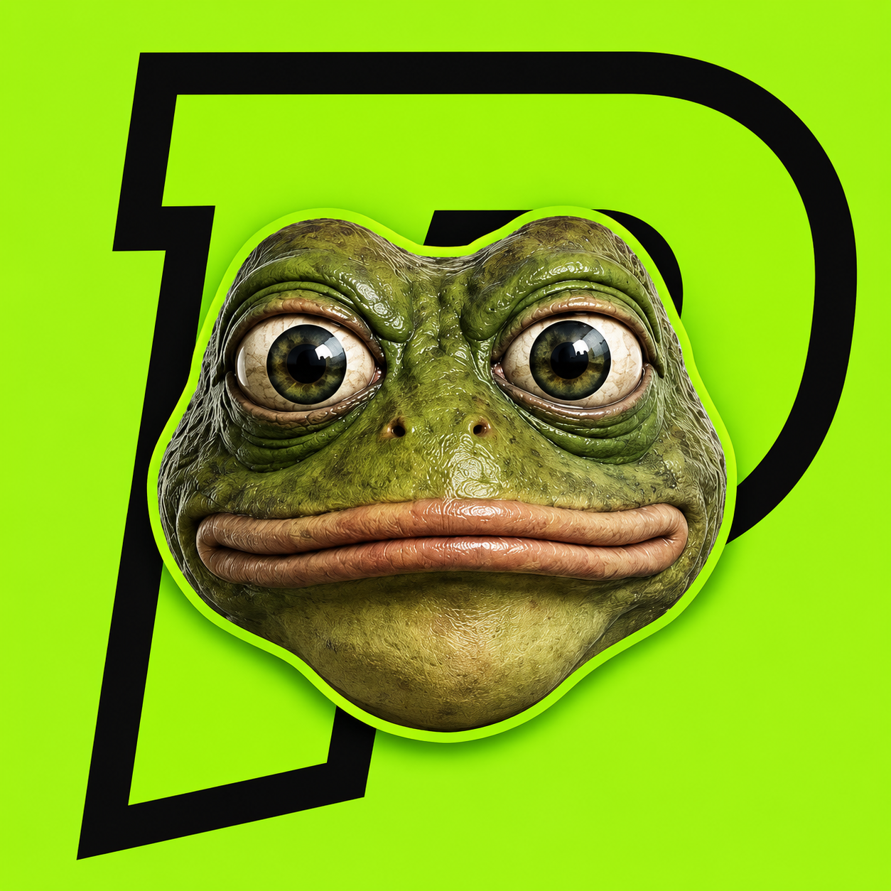 PONS PEPE logo: a photoreal frog head with large glossy eyes and heavy lips on a bright green background with a bold black P outline.