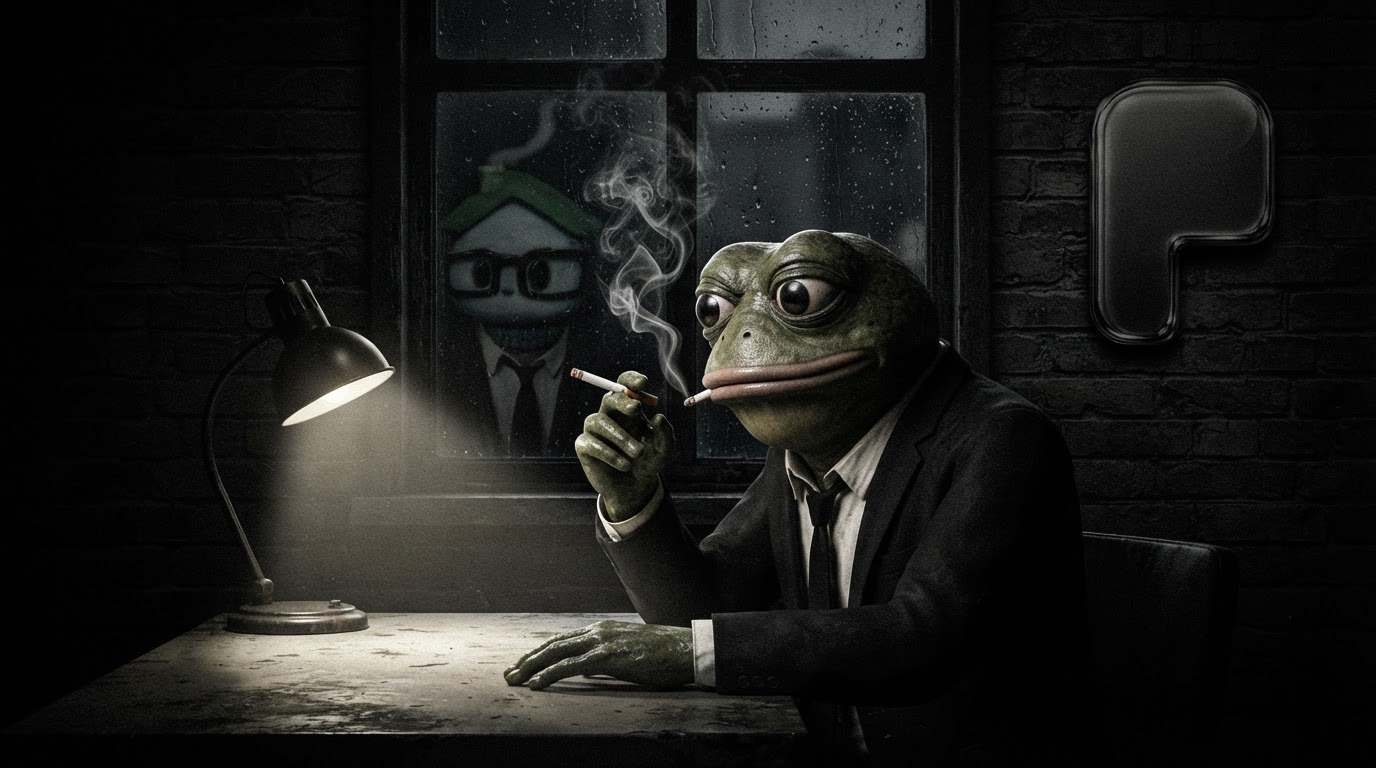 Noir portrait of Pons Pepe: a frog in a black suit smoking under a desk lamp, a P emblem on the brick wall.
