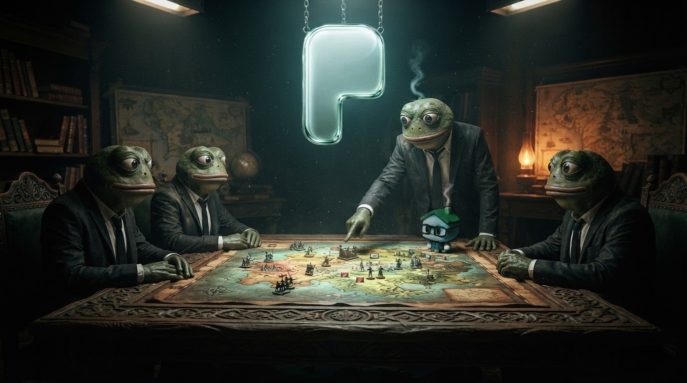 The Pons family war room: suited frogs gathered around a map table beneath a glowing P sigil.